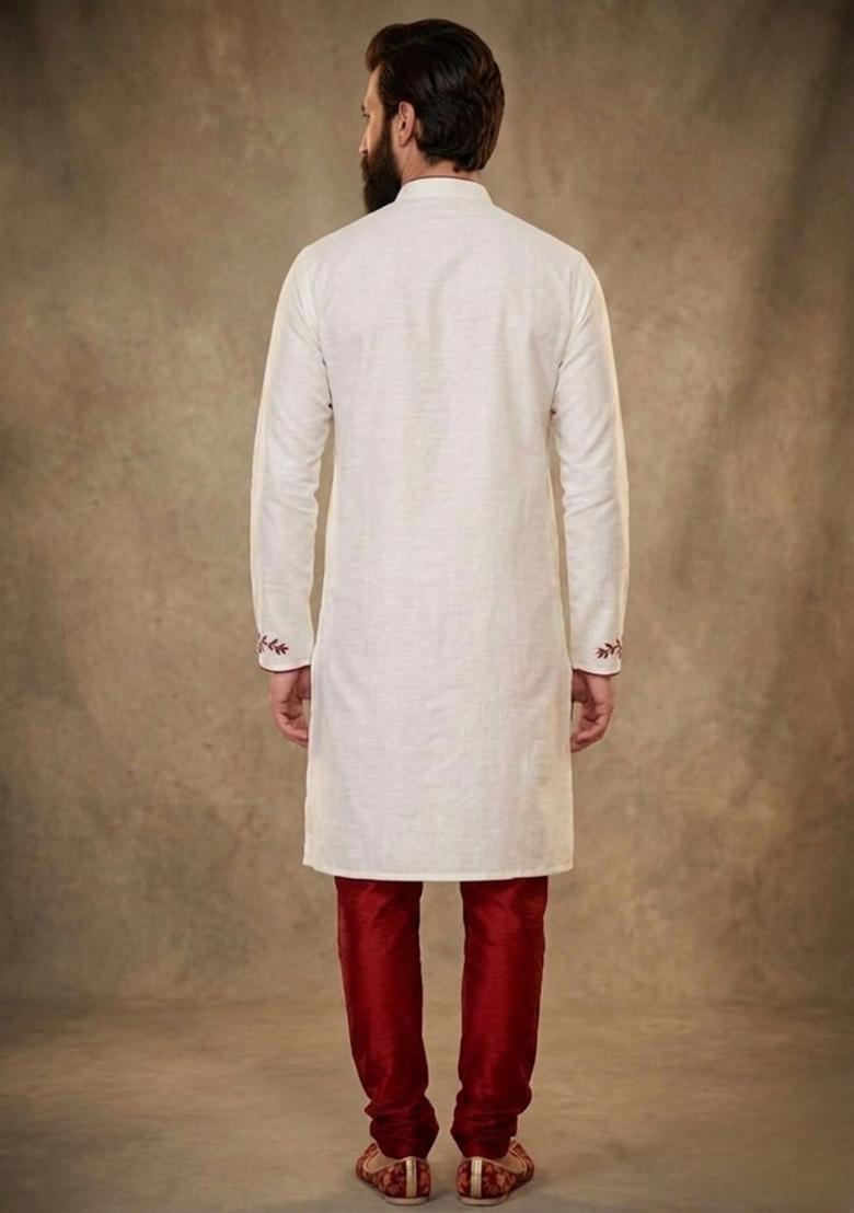 White Embroidered Dupion Pyjama Set For Men - Indya