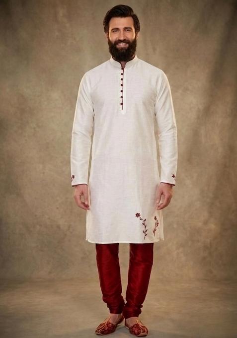 White Embroidered Dupion Pyjama Set For Men