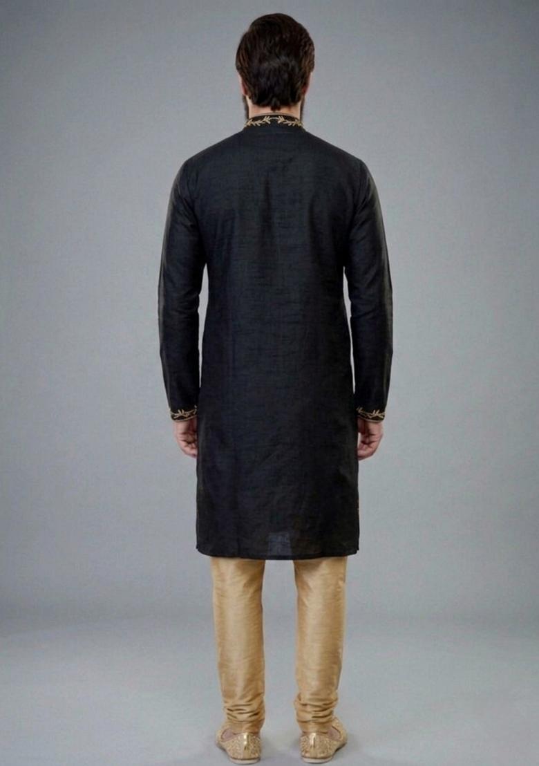 Black Embroidered Dupion Pyjama Set For Men - Indya