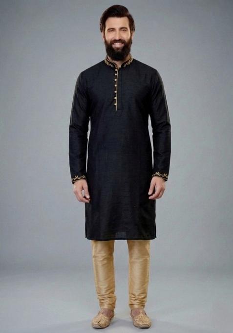 Black Embroidered Dupion Pyjama Set For Men
