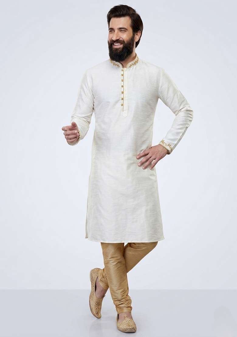 White Embroidered Dupion Pyjama Set For Men - Indya