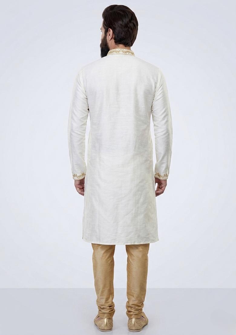 White Embroidered Dupion Pyjama Set For Men - Indya