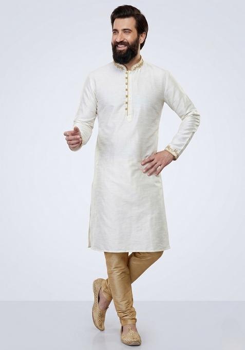 White Embroidered Dupion Pyjama Set For Men