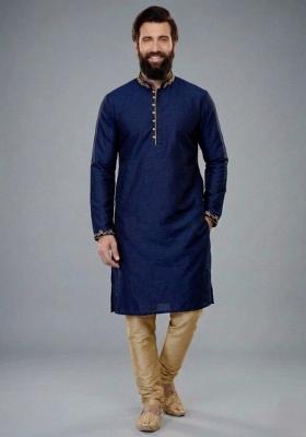 Blue Embroidered Dupion Pyjama Set For Men