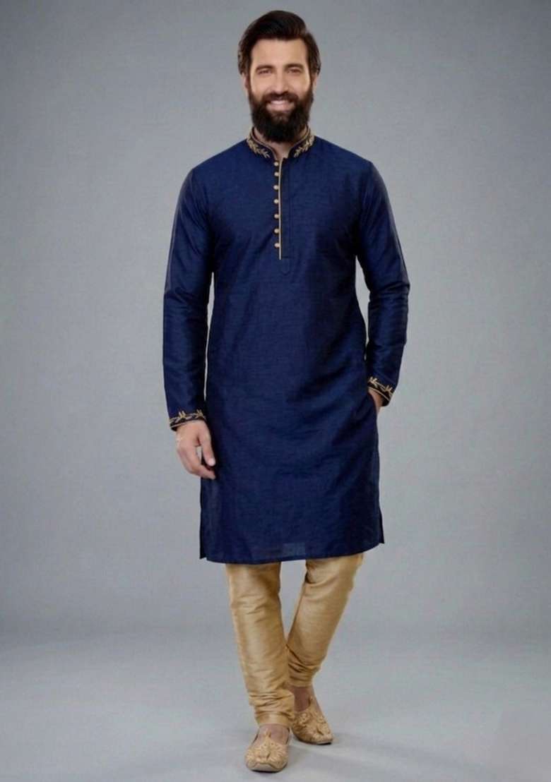 Blue Embroidered Dupion Pyjama Set For Men - Indya