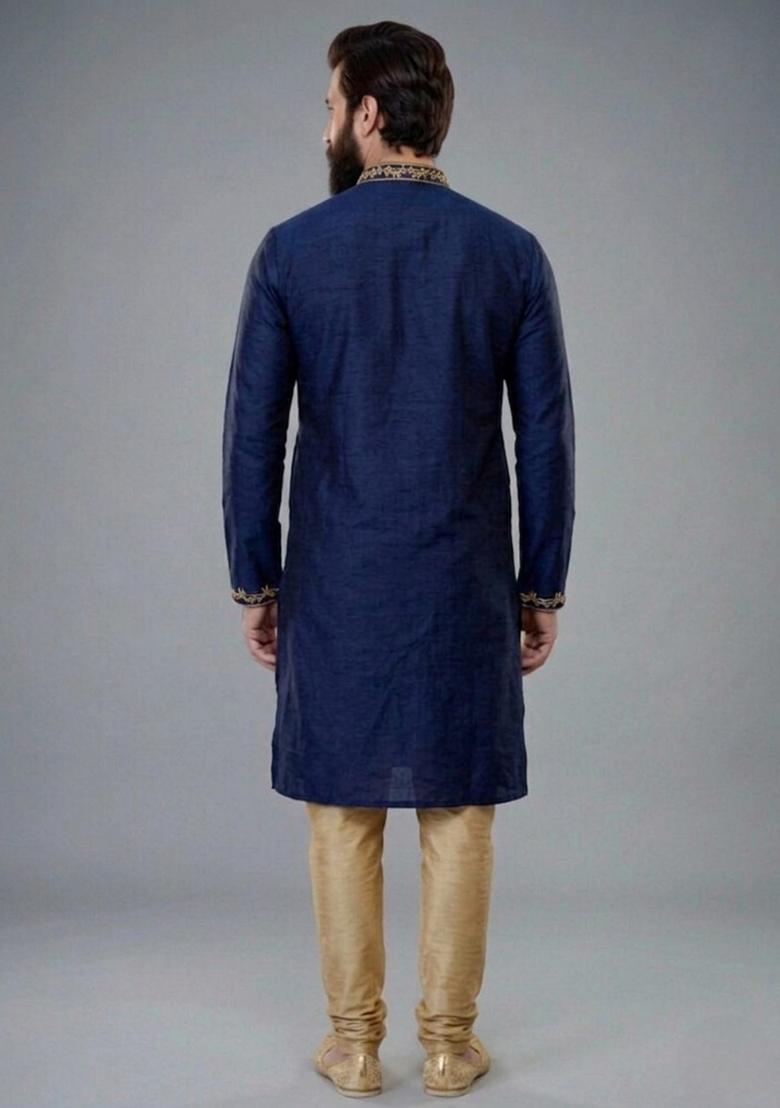 Blue Embroidered Dupion Pyjama Set For Men - Indya