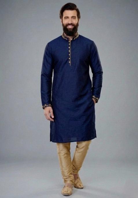 Blue Embroidered Dupion Pyjama Set For Men