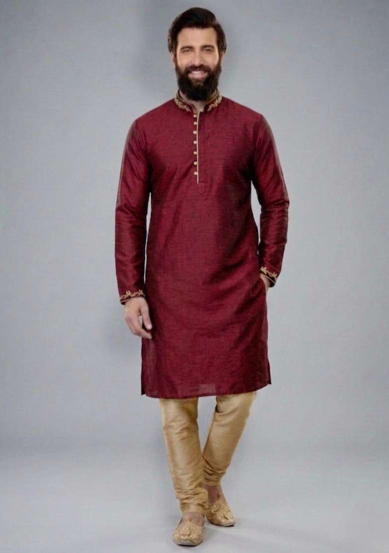 Maroon Embroidered Dupion Pyjama Set For Men - Indya