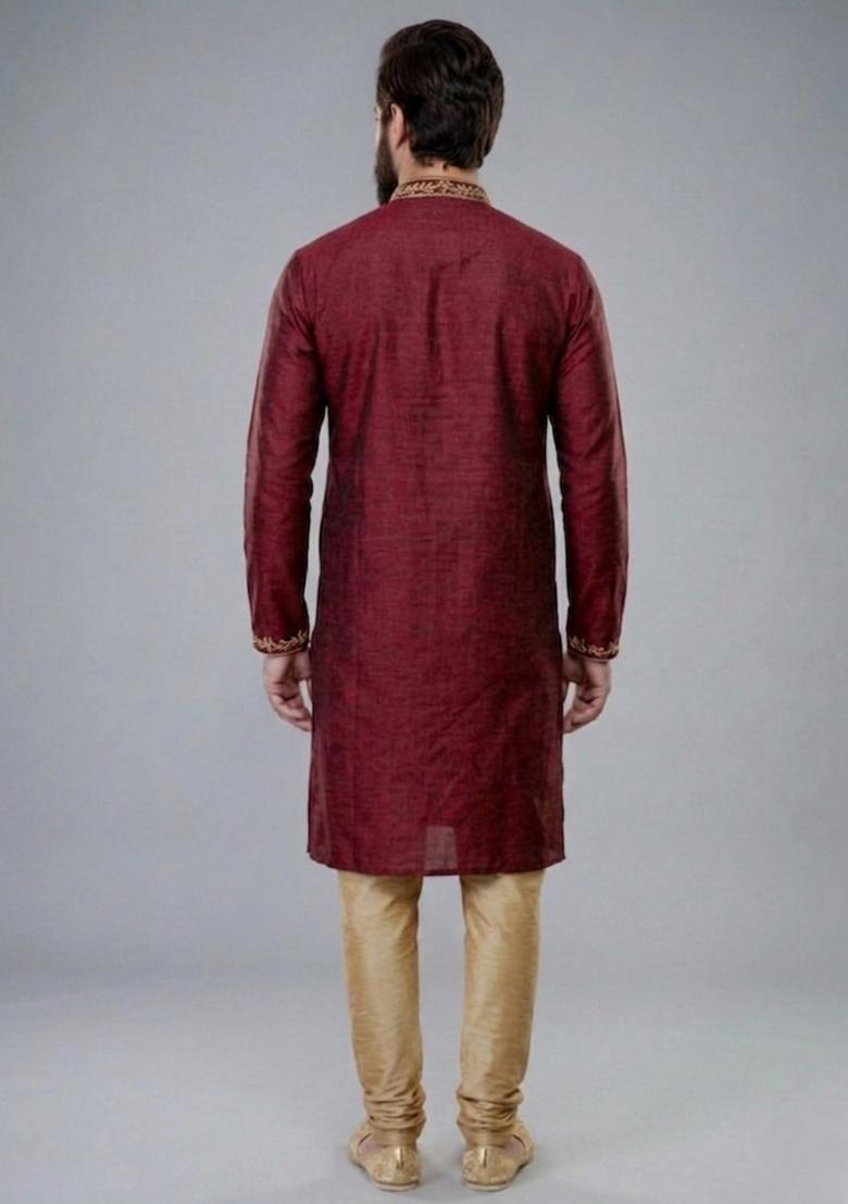 Maroon Embroidered Dupion Pyjama Set For Men - Indya