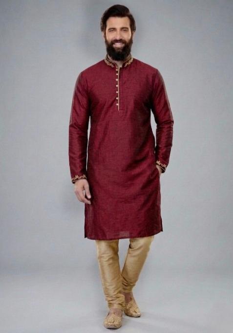 Maroon Embroidered Dupion Pyjama Set For Men