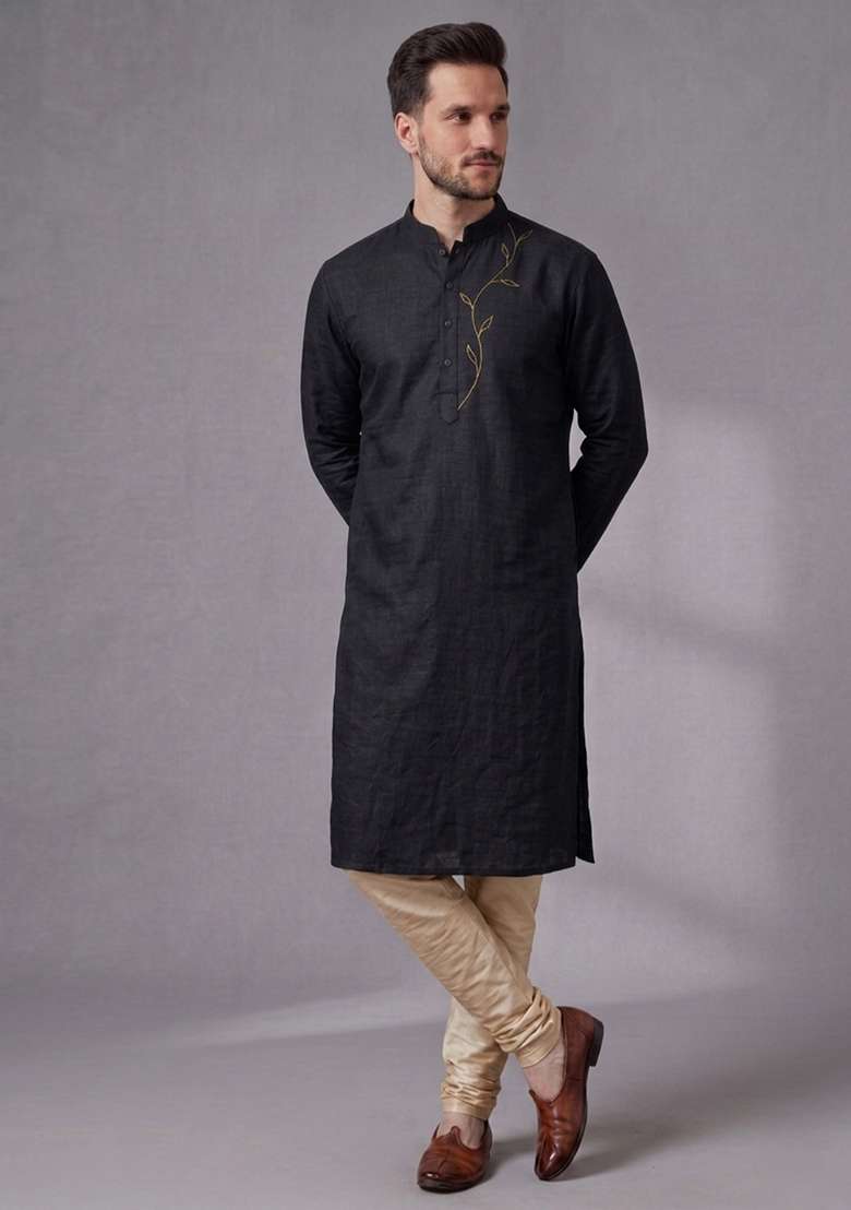 Black Embroidered Dupion Pyjama Set For Men - Indya