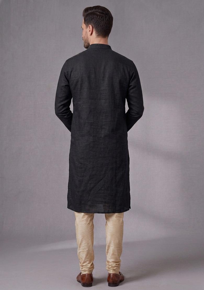 Black Embroidered Dupion Pyjama Set For Men - Indya