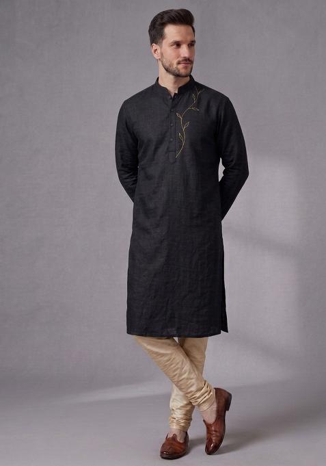 Black Embroidered Dupion Pyjama Set For Men