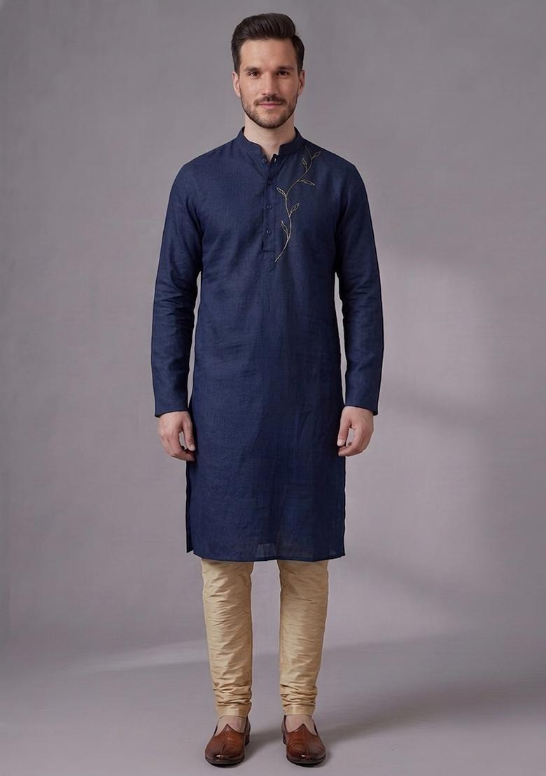 Blue Embroidered Dupion Pyjama Set For Men - Indya