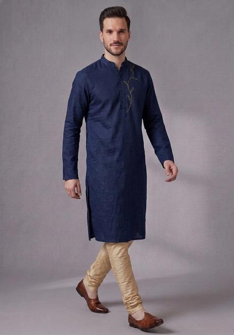 Blue Embroidered Dupion Pyjama Set For Men