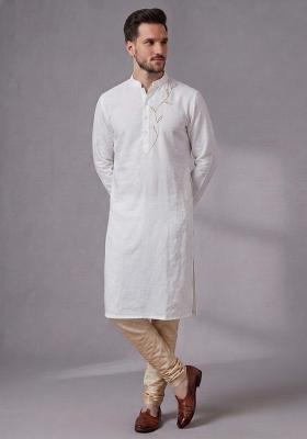 White Embroidered Dupion Pyjama Set For Men