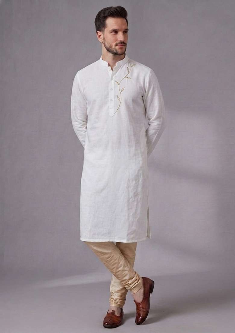 White Embroidered Dupion Pyjama Set For Men - Indya