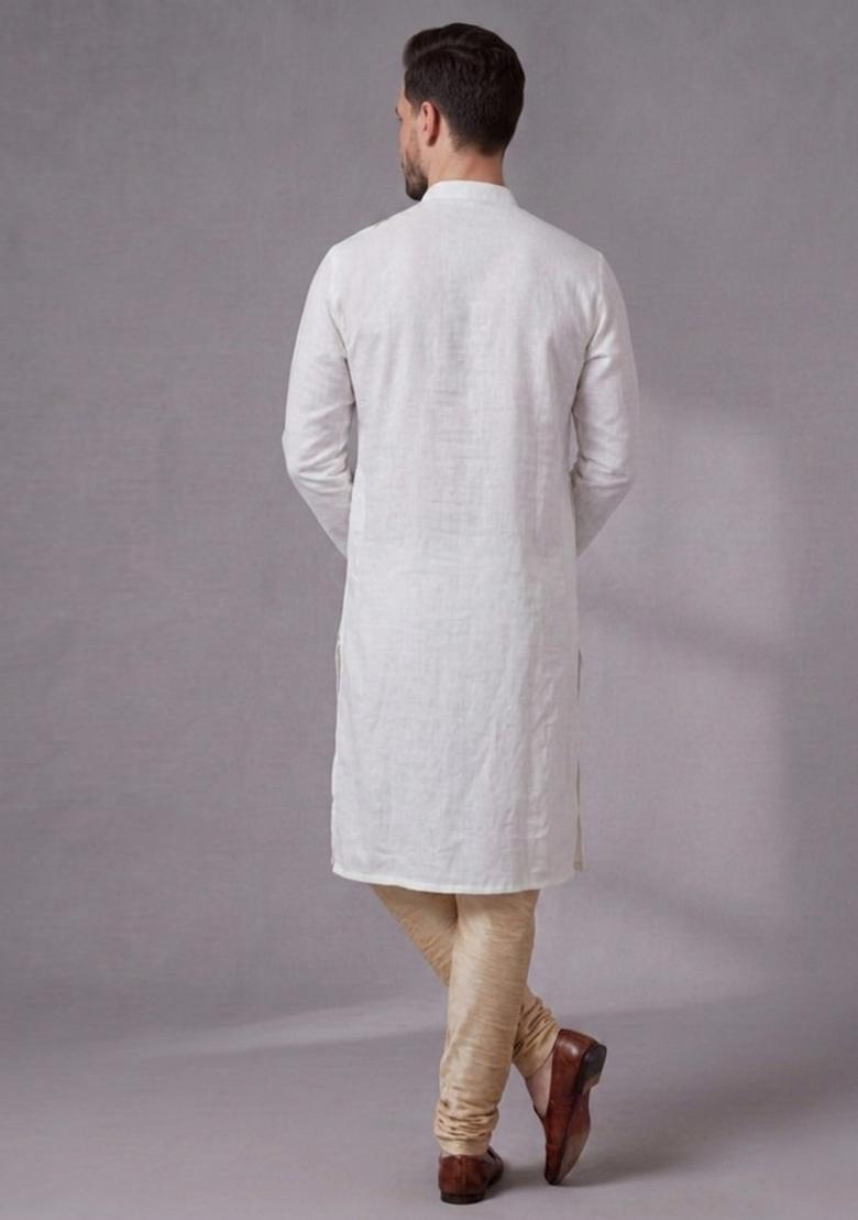 White Embroidered Dupion Pyjama Set For Men - Indya