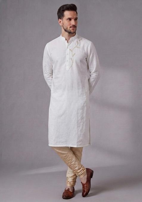 White Embroidered Dupion Pyjama Set For Men