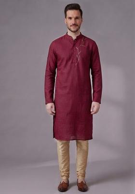 Maroon Embroidered Dupion Pyjama Set For Men