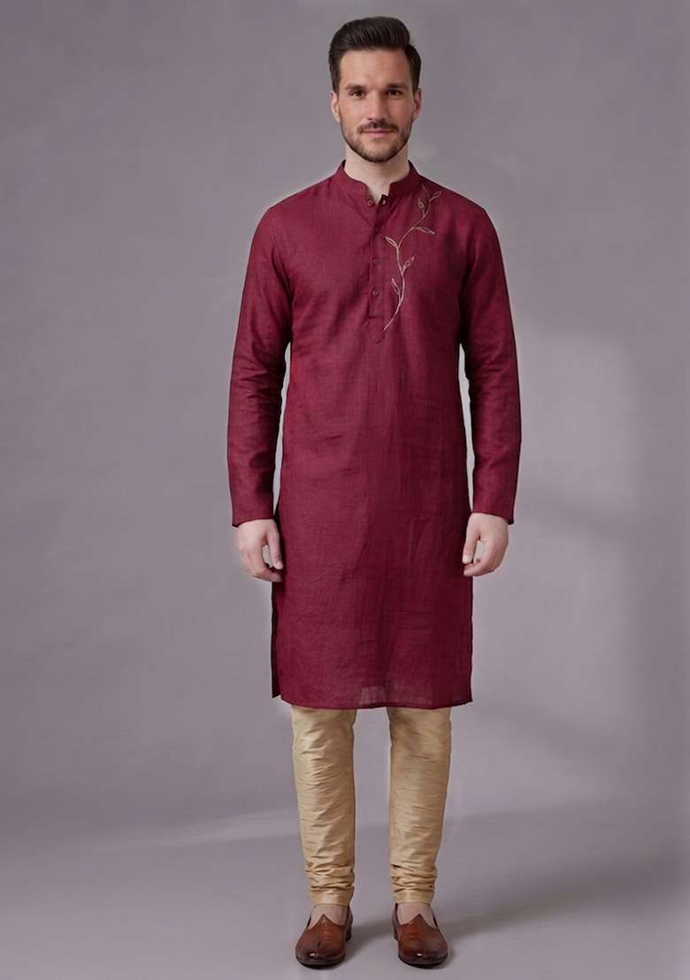 Maroon Embroidered Dupion Pyjama Set For Men - Indya