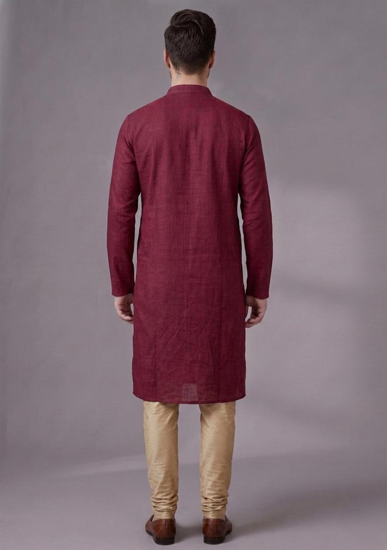 Maroon Embroidered Dupion Pyjama Set For Men - Indya