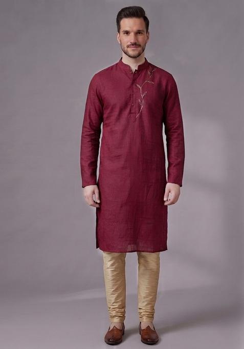 Maroon Embroidered Dupion Pyjama Set For Men