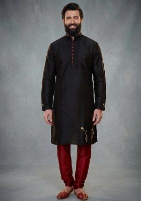 Black Embroidered Dupion Pyjama Set For Men