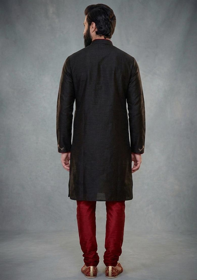 Black Embroidered Dupion Pyjama Set For Men - Indya
