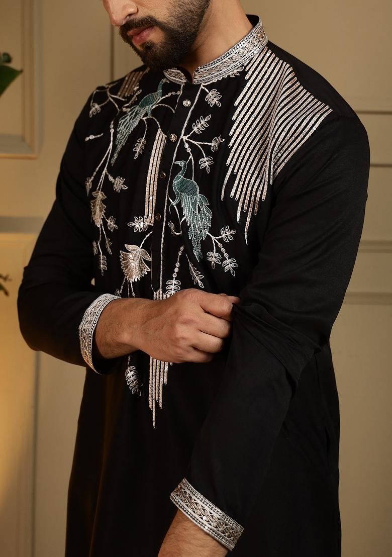 Black Sequin Work Silk Blend Kurta Pajama For Men - Indya