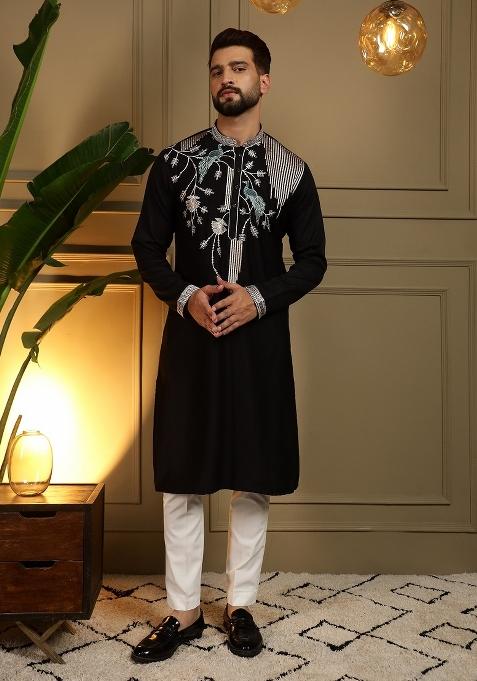 Black Sequin Work Silk Kurta Pajama For Men