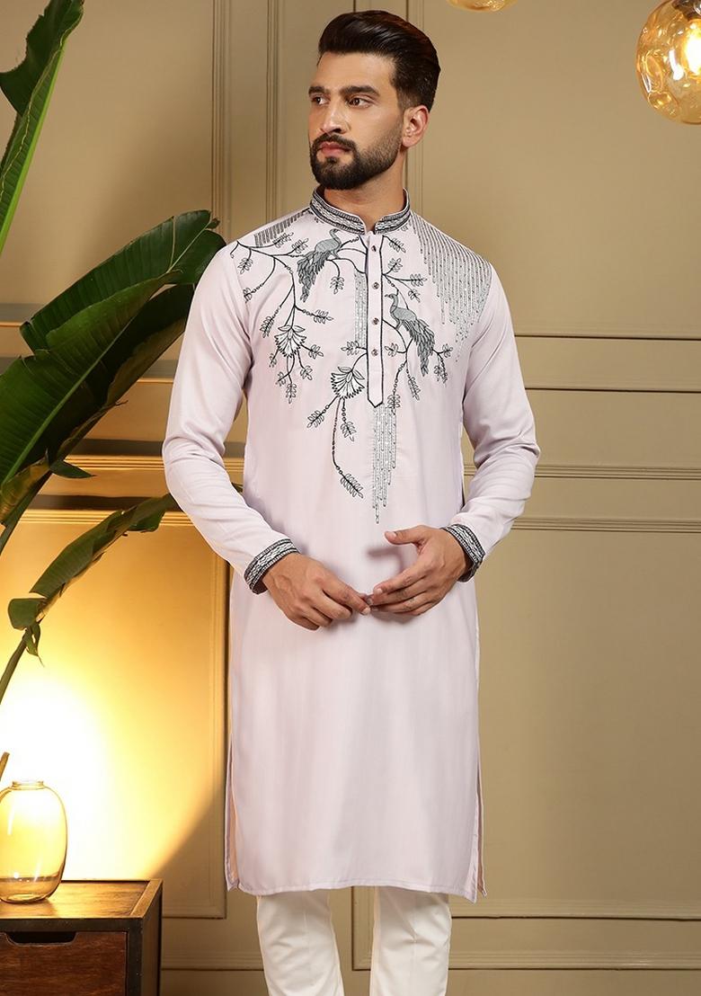 Light Pink Sequin Work Silk Blend Kurta Pajama For Men - Indya