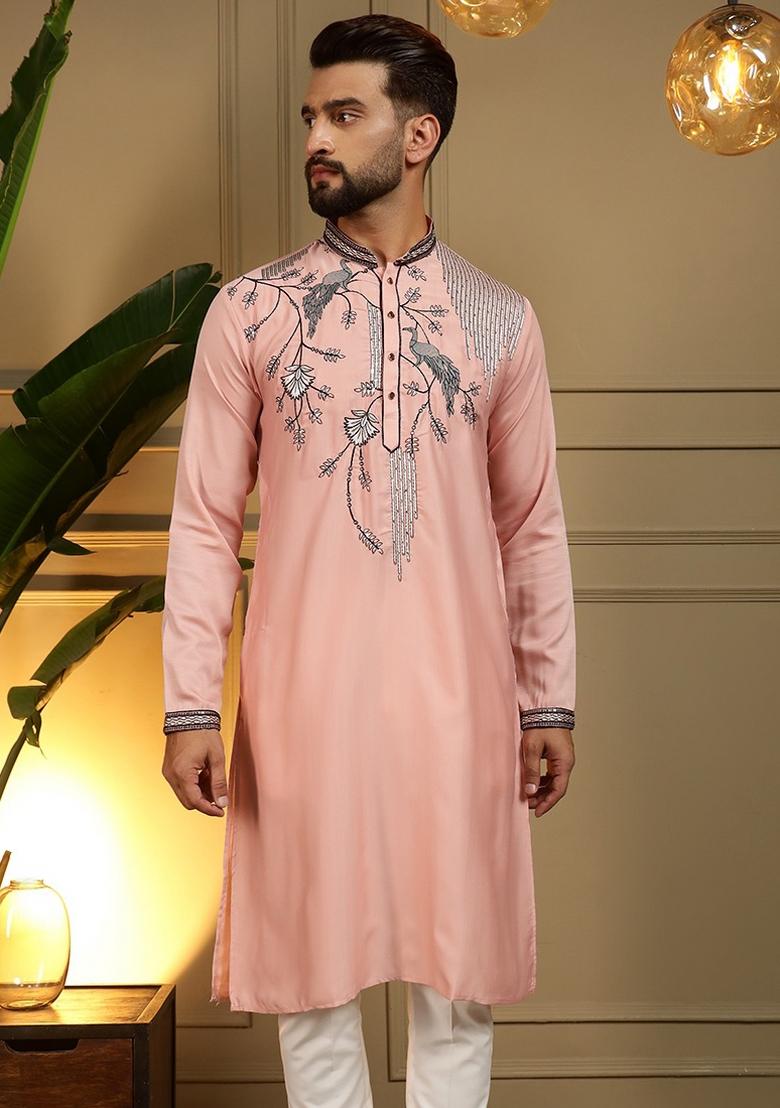 Peach Sequin Work Silk Blend Kurta Pajama For Men - Indya
