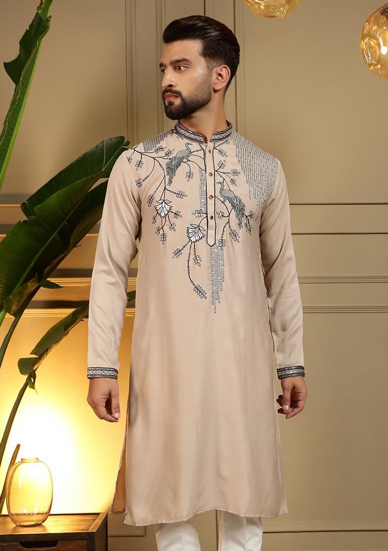 Beige Sequin Work Silk Blend Kurta Pajama For Men - Indya