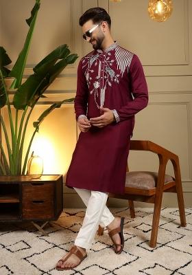 Maroon Sequin Work Silk Kurta Pajama For Men
