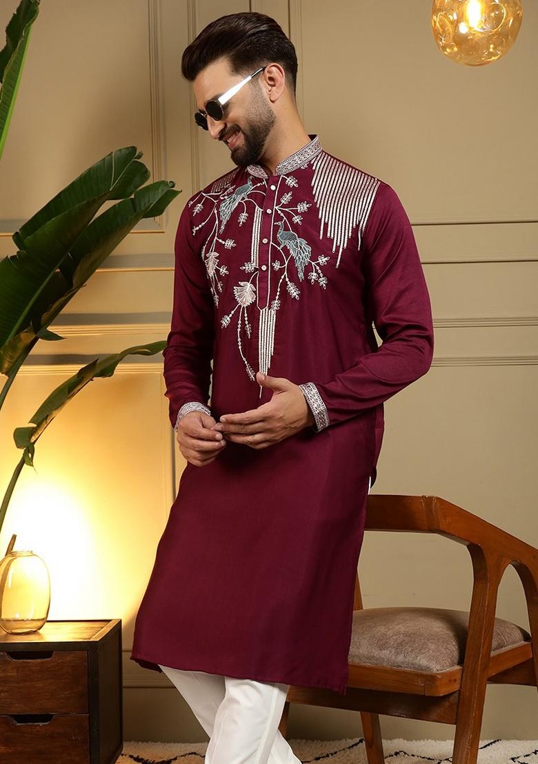 Maroon Sequin Work Silk Blend Kurta Pajama For Men - Indya