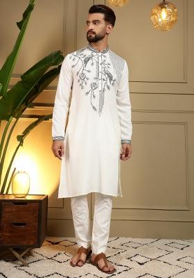 White Sequin Work Silk Kurta Pajama For Men