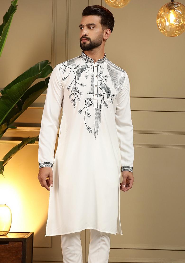 White Sequin Work Silk Blend Kurta Pajama For Men - Indya