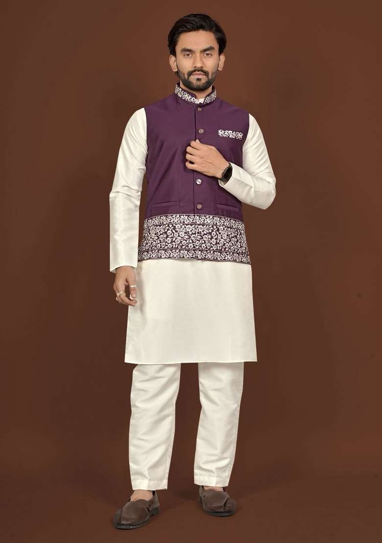 Off White Embroidered Silk Blend Jacket Set For Men - Indya