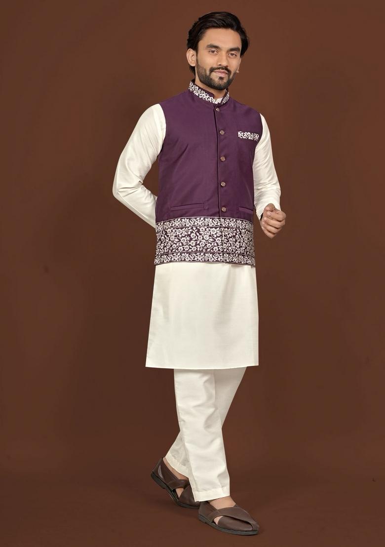 Off White Embroidered Silk Blend Jacket Set For Men - Indya