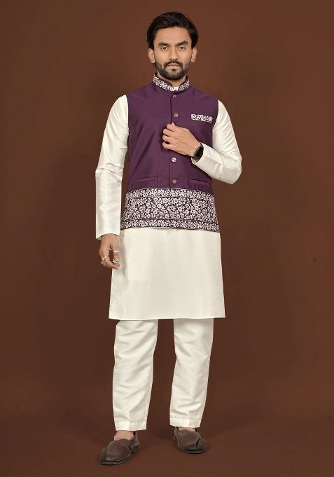 Off White Embroidered Silk Jacket Set For Men