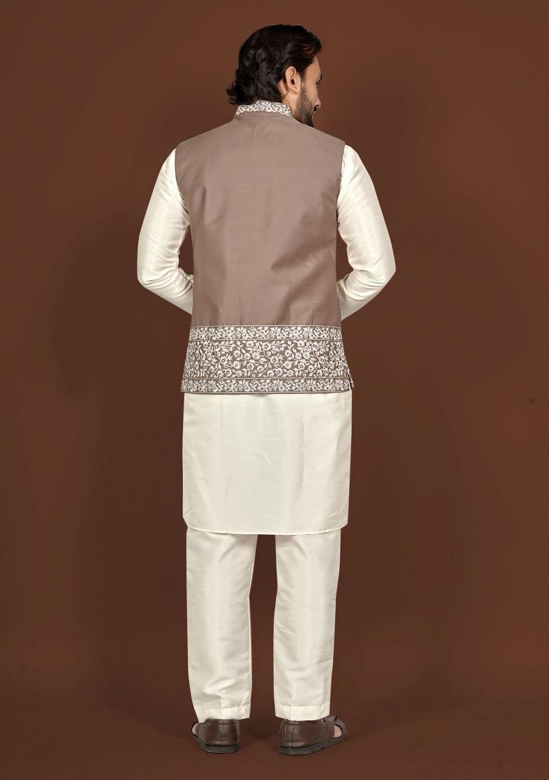 Off White Embroidered Silk Blend Jacket Set For Men - Indya