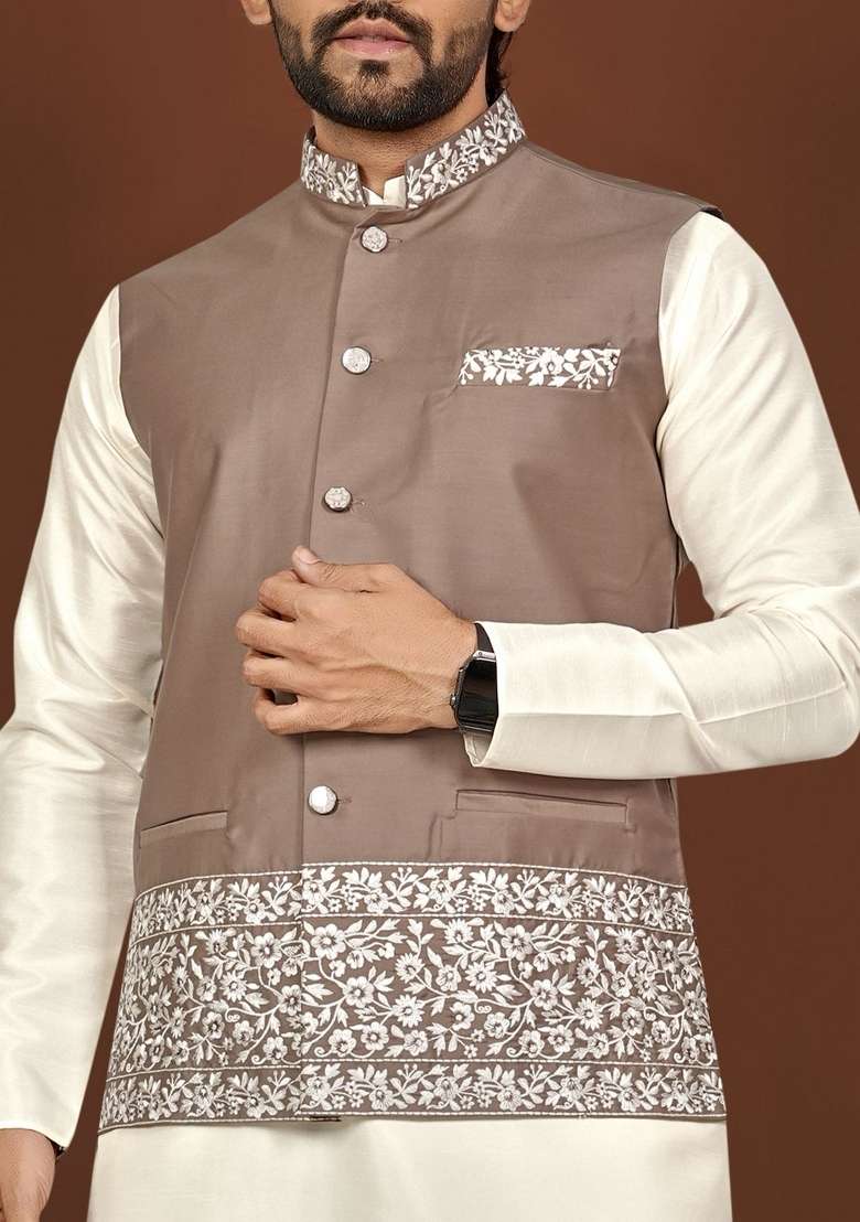 Off White Embroidered Silk Blend Jacket Set For Men - Indya