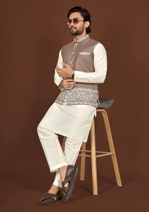 Off White Embroidered Silk Jacket Set For Men