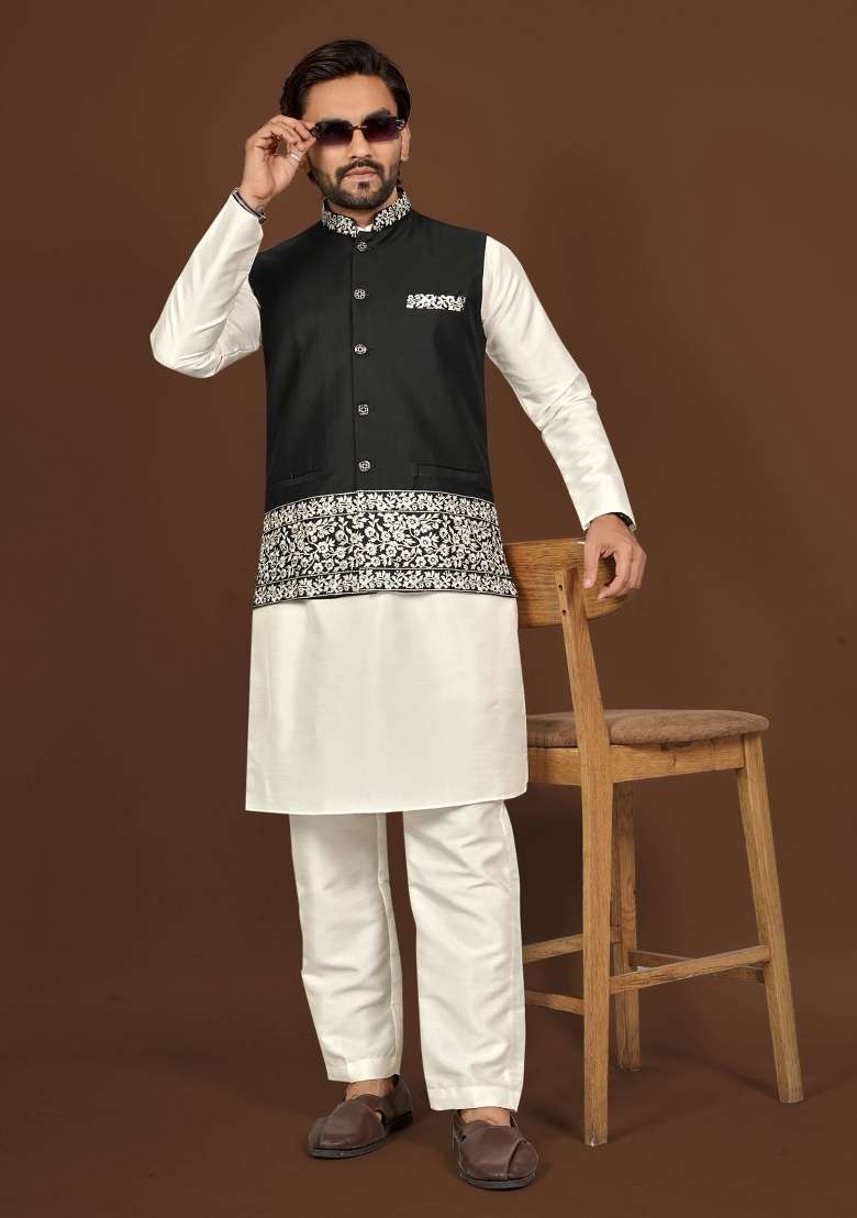Off White Embroidered Silk Blend Jacket Set For Men - Indya
