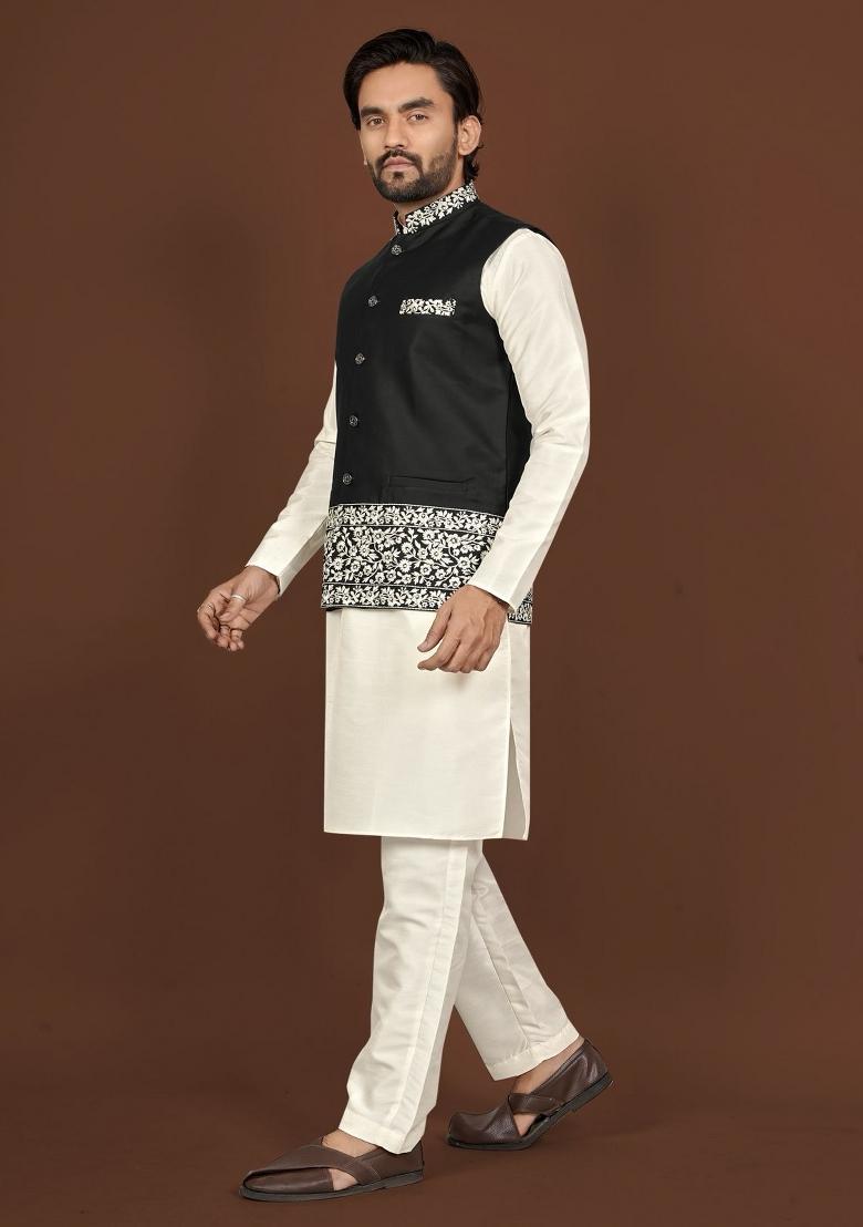 Off White Embroidered Silk Blend Jacket Set For Men - Indya