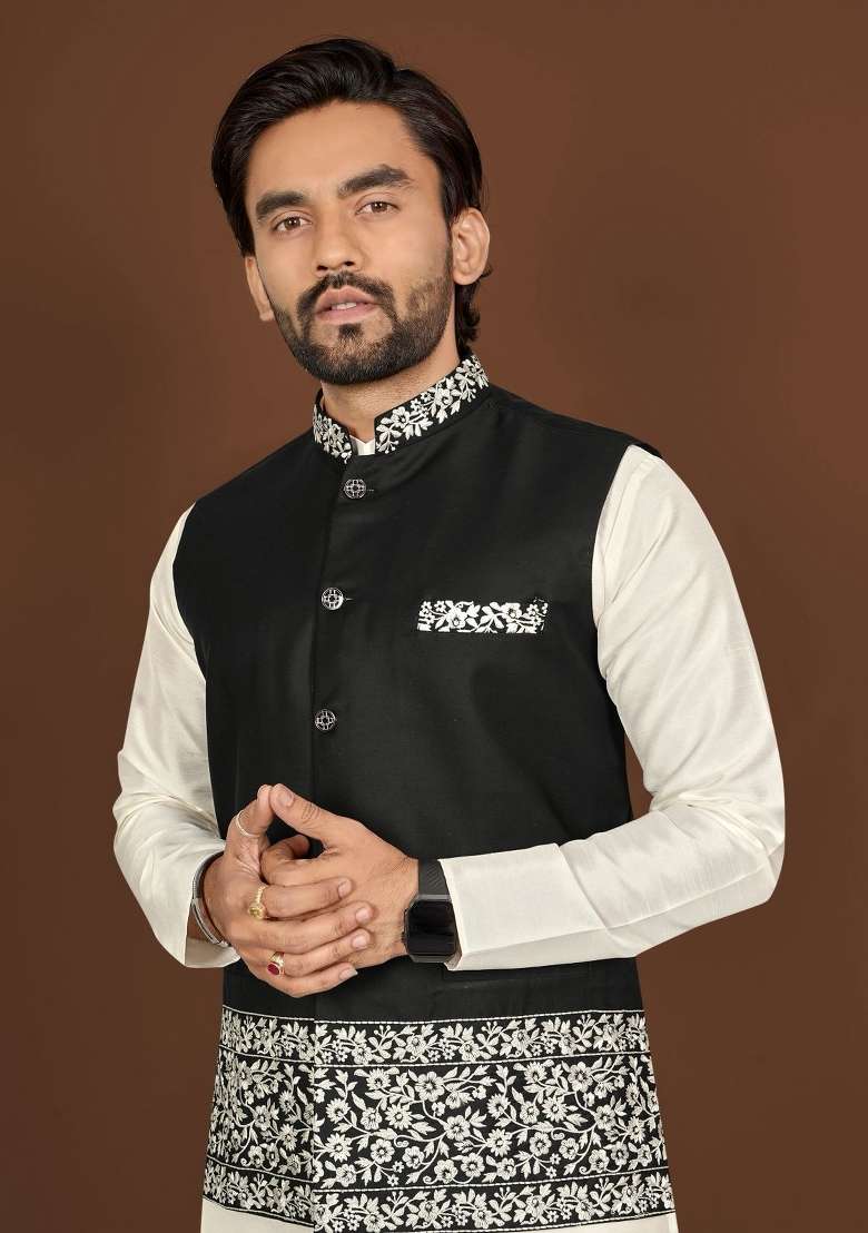Off White Embroidered Silk Blend Jacket Set For Men - Indya