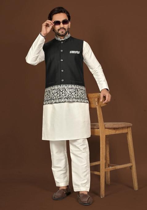 Off White Embroidered Silk Jacket Set For Men