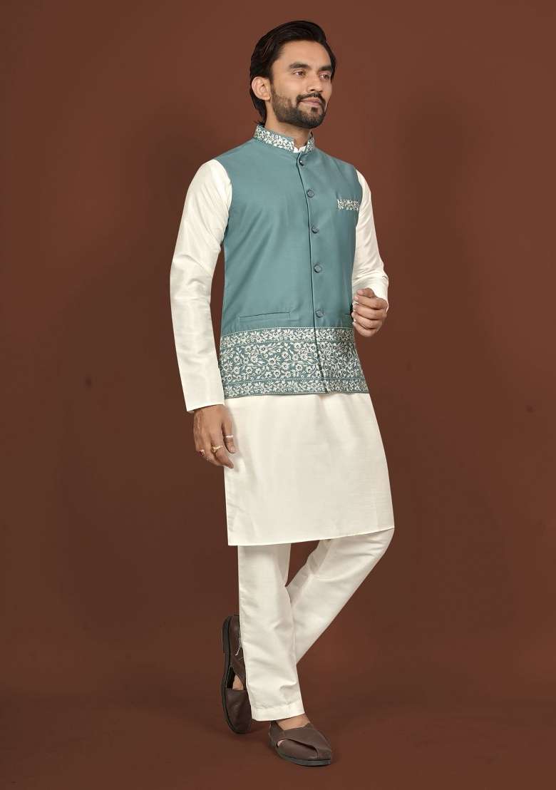 Off White Embroidered Silk Blend Jacket Set For Men - Indya