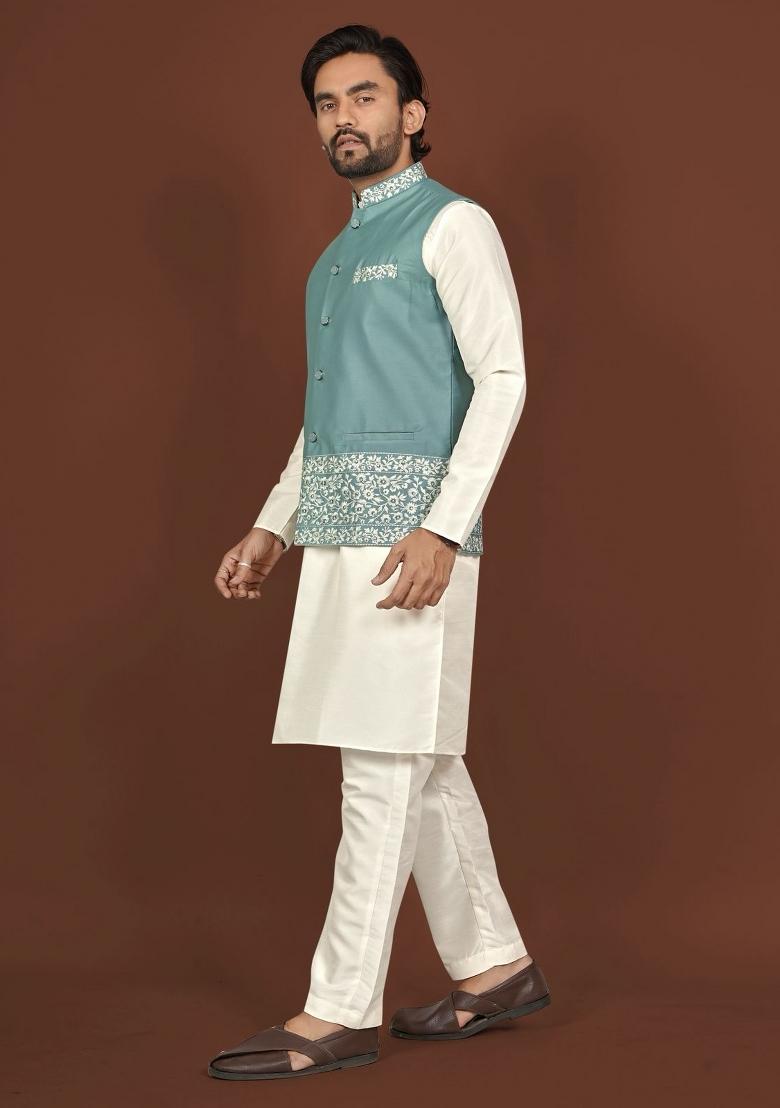 Off White Embroidered Silk Blend Jacket Set For Men - Indya